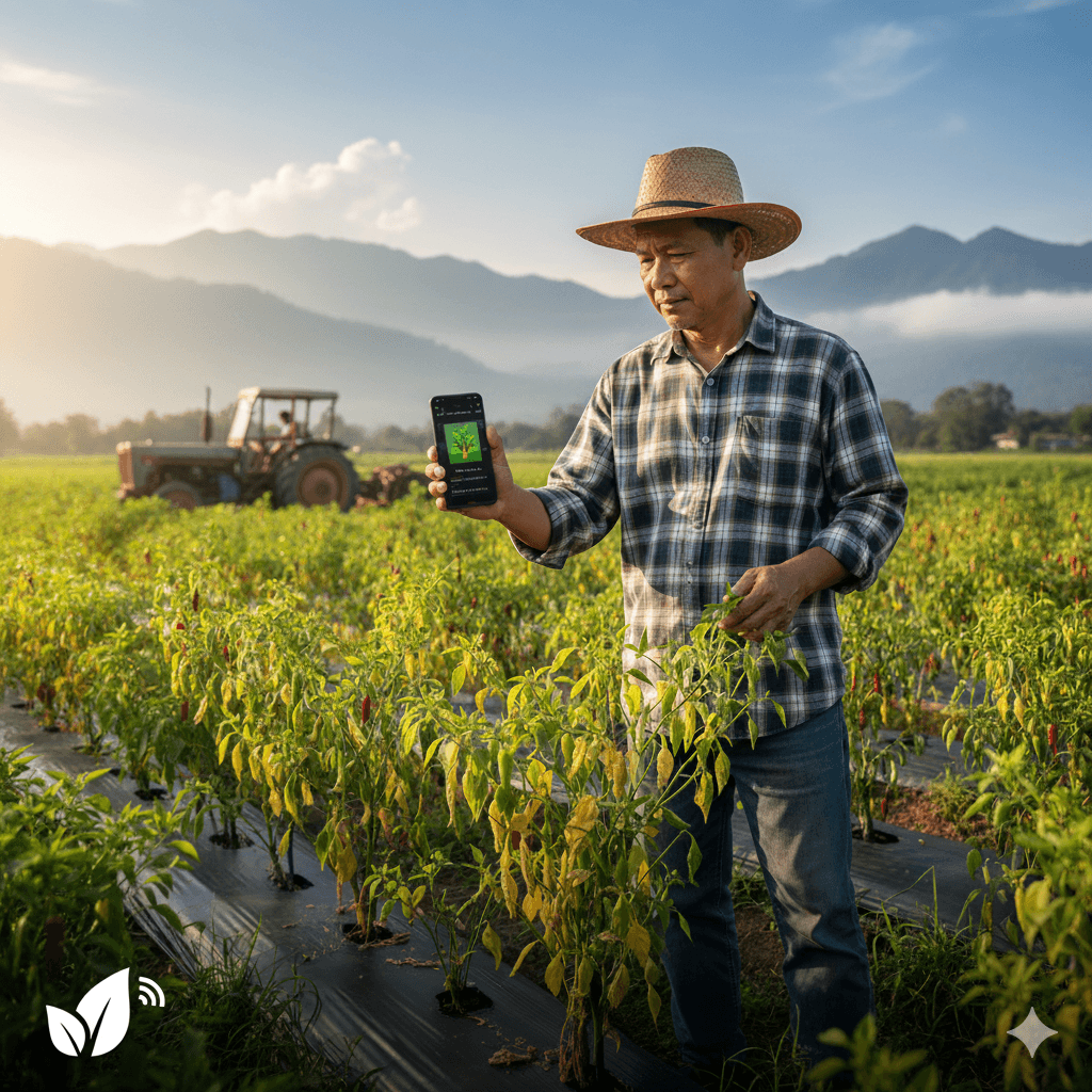 Ilustrasi drone berbasis AI memantau lahan pertanian